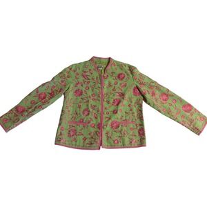 David Brooks Womens Linen Floral Embroidered Blazer Jacket Green Pink Size M